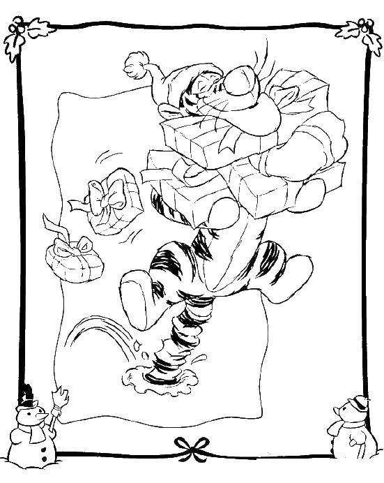 Название: Раскраска Тигра с подарками. Категория: Диснеевские мультфильмы. Теги: Винни Пух.