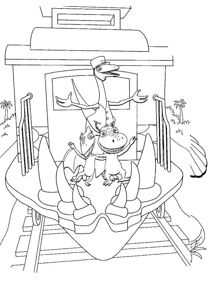 Опис: розмальовки  Динозаврики на поїзді. Категорія: поїзд. Теги:  Поїзд, динозаври.