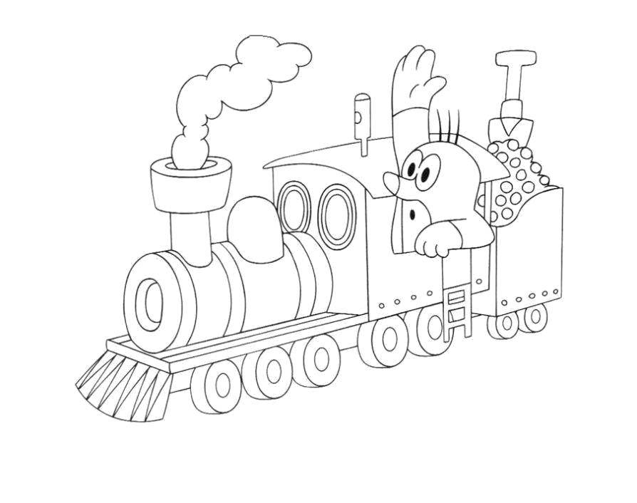 Розмальовки  Кротик-машиніст. Завантажити розмальовку Потяг, рейки, кріт.  Роздрукувати ,поїзд,