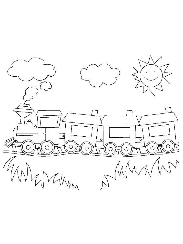 Розмальовки  Сонячний день і поїзд. Завантажити розмальовку Потяг, рейки, сонечко.  Роздрукувати ,поїзд,