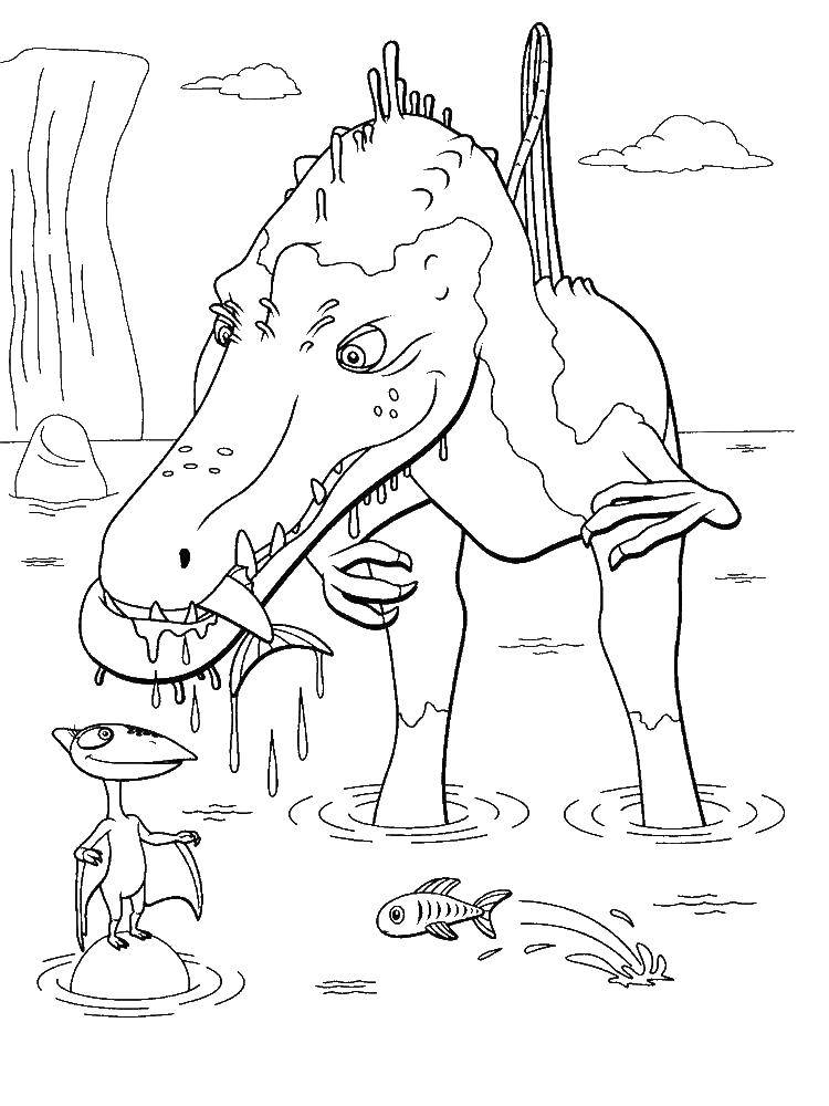 Название: Раскраска Большой тираннозавр купается с маленьким. Категория: Поезд динозавров. Теги: Динозавры.