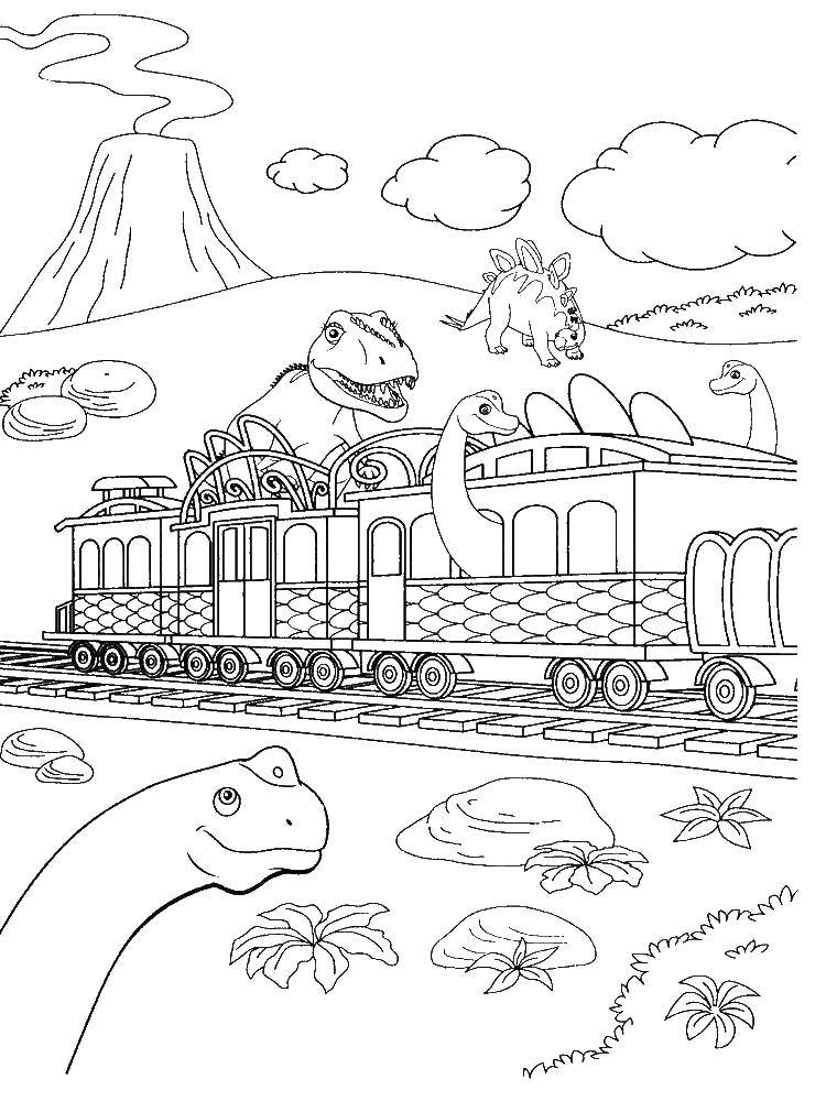 Название: Раскраска Динозаврики на поезде. Категория: динозавр. Теги: Динозавры, дружба.