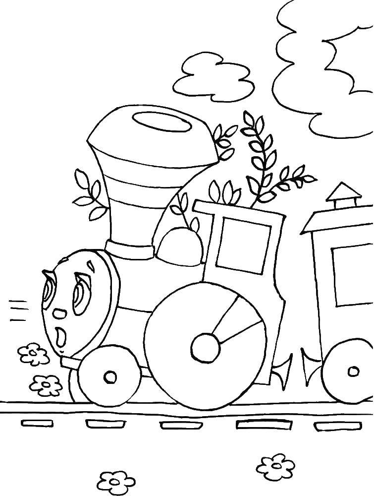 Название: Раскраска Испуганный поезд. Категория: поезд. Теги: Поезд, рельсы.