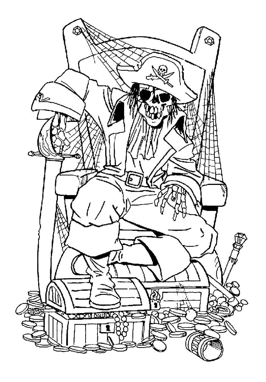 Название: Раскраска Скелет пирата на его сокровищах. Категория: Пираты. Теги: Пират, остров, сокровища.