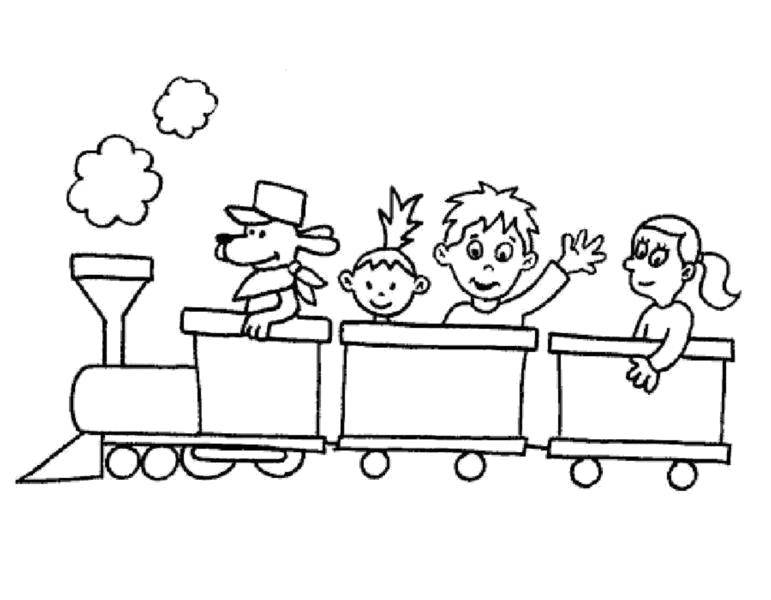 Название: Раскраска Паровоз катает детей. Категория: поезд. Теги: паровоз,  дети.