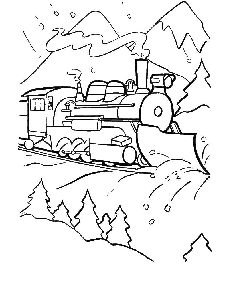 Название: Раскраска Паровозик едет через зимний лес. Категория: поезд. Теги: Паровозик, лес, зима.