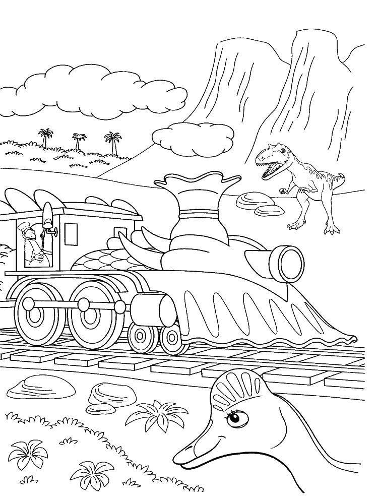Название: Раскраска Поезд динозавров. Категория: мультики. Теги: поезд, динозавры.