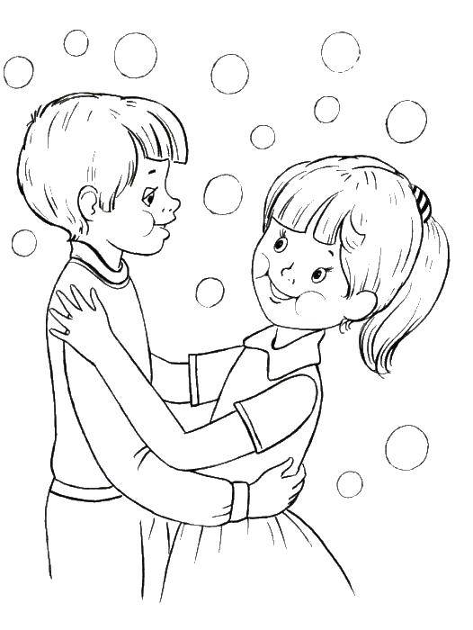 Название: Раскраска Девочка обнимает мальчика. Категория: Люди. Теги: девочка, мальчик.