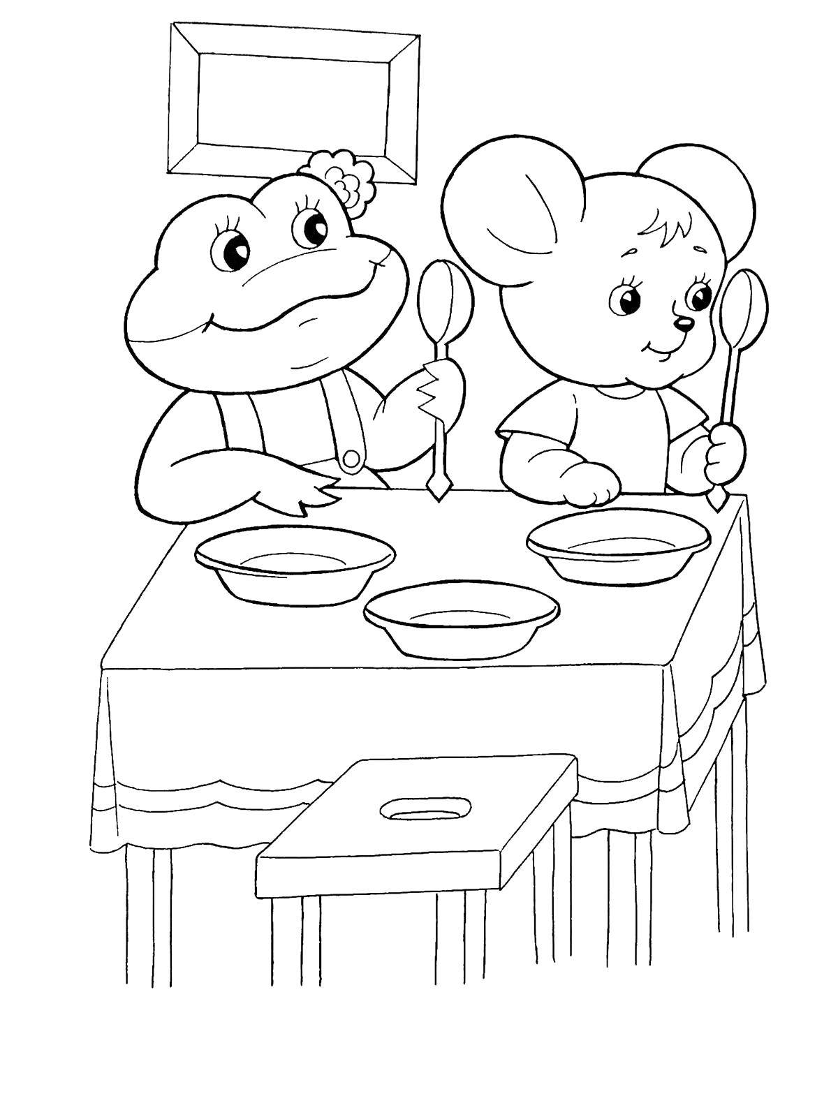 Название: Раскраска Лягушонок и мышонок ждут обеда. Категория: Раскраски для малышей. Теги: Лягушка, мышонок, обед.