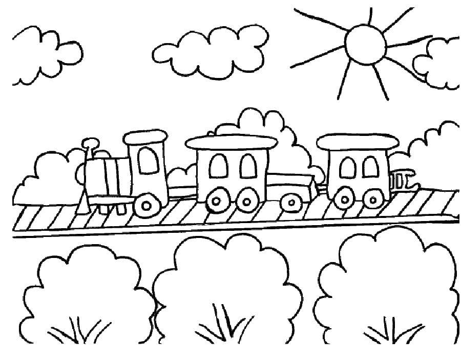 Название: Раскраска Поезд по рельсам в солнечный денёк. Категория: поезд. Теги: Поезд, рельсы.