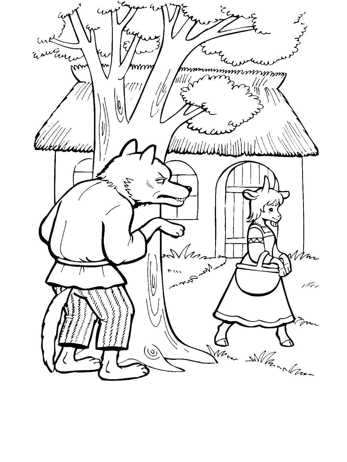 Coloring The wolf watches the mother goats. Category Fairy tales. Tags:  The tale "the wolf and the seven little kids".