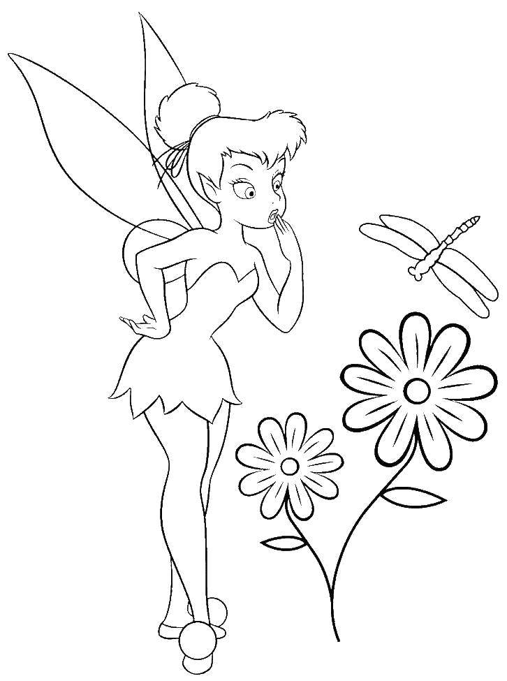 Coloring Tinker bell is looking at a dragonfly. Category fairies. Tags:  Fairy, tale.