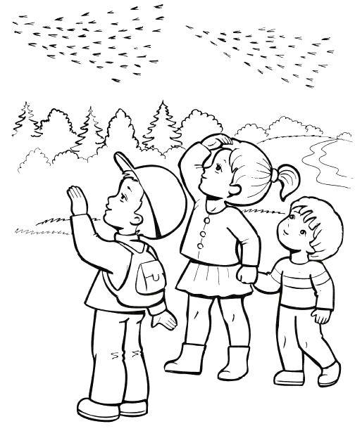 Название: Раскраска Дети смотрят, как улетают птицы. Категория: дети. Теги: Дети, осень, птицы, лес.
