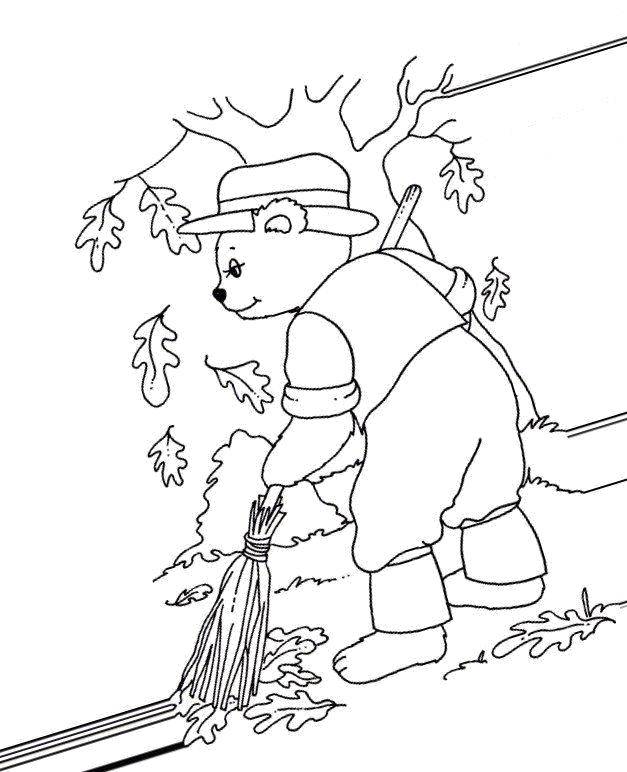 Название: Раскраска Мишка прибирает лес от листьев. Категория: лес. Теги: Лес, медведь, листья, дуб.