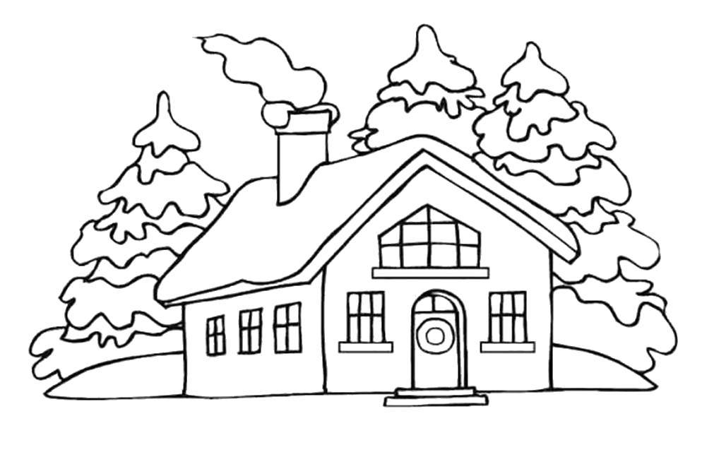 Розмальовки  Будиночок у зимовому лісі. Завантажити розмальовку Будинок, ліс, зима.  Роздрукувати ,будинку,
