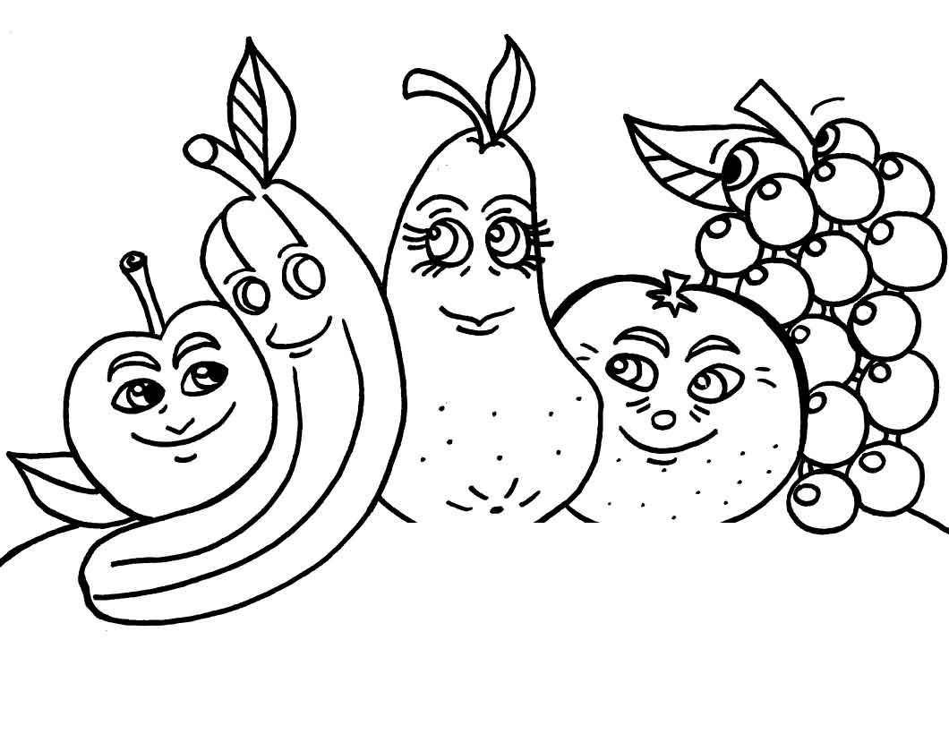 Раскраска Веселые фрукты яблоко банан груша и виноград Скачать ,банан,груша,виноград,яблоко,.  Распечатать 