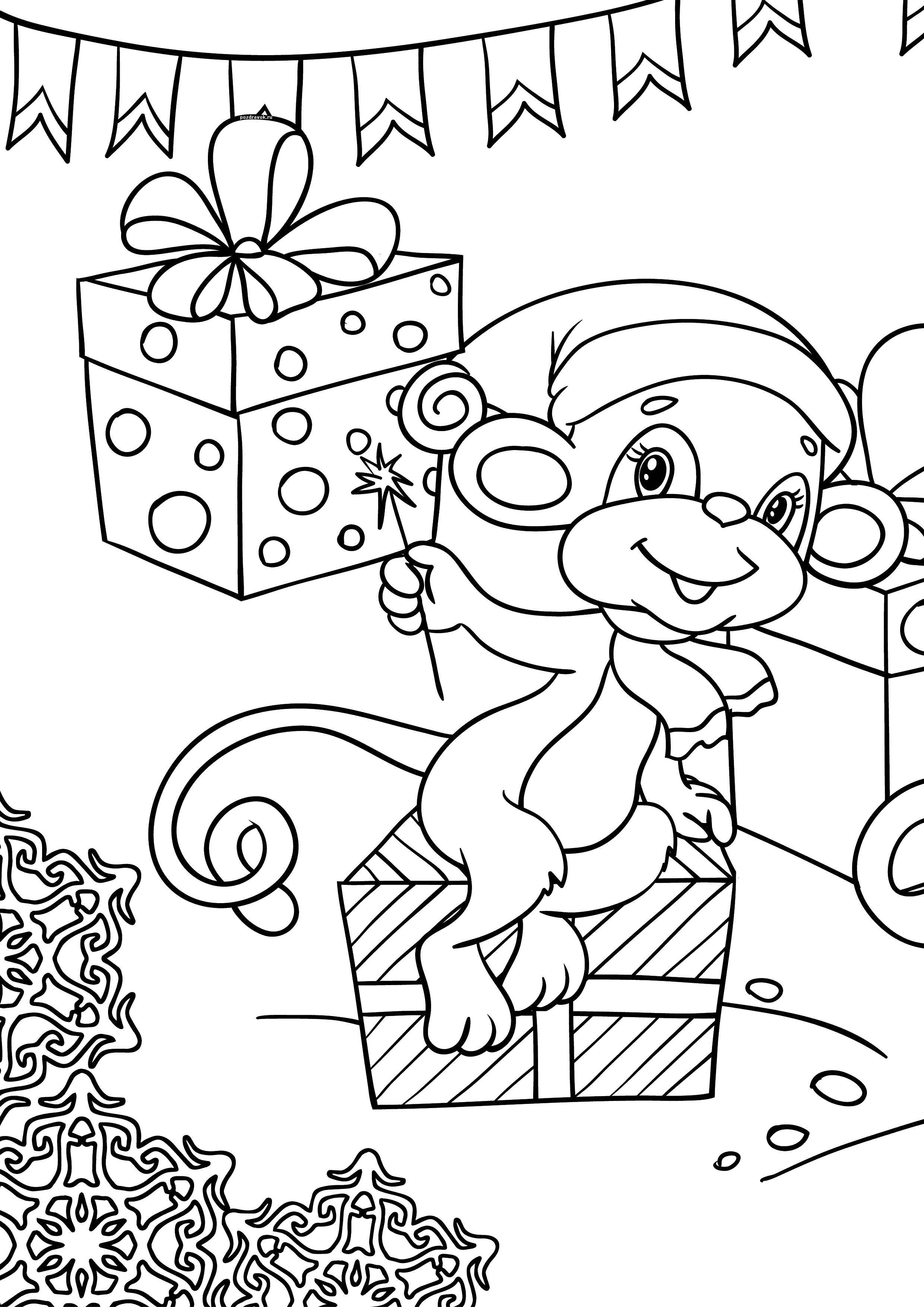 Название: Раскраска Новогодняя обезьянка. Категория: новый год. Теги: Новый Год, подарки.