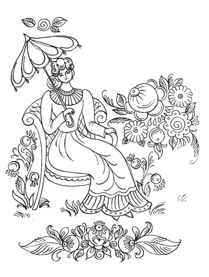 Coloring The young lady in the garden. Category patterns. Tags:  Patterns, garden.