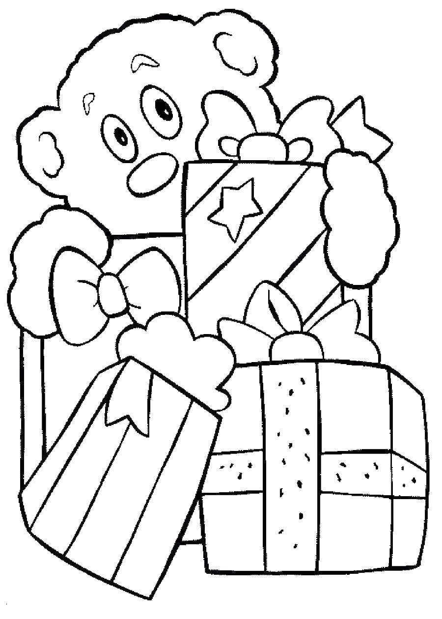 Название: Раскраска Мишка с подарочками. Категория: поздравление. Теги: Поздравление, День Рождения.