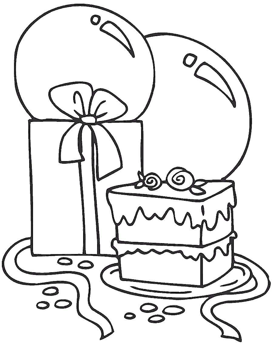 Название: Раскраска Шарики, подарки и торт на день рождения. Категория: поздравление. Теги: Поздравление, День Рождения, тортик, подарки, шарики.
