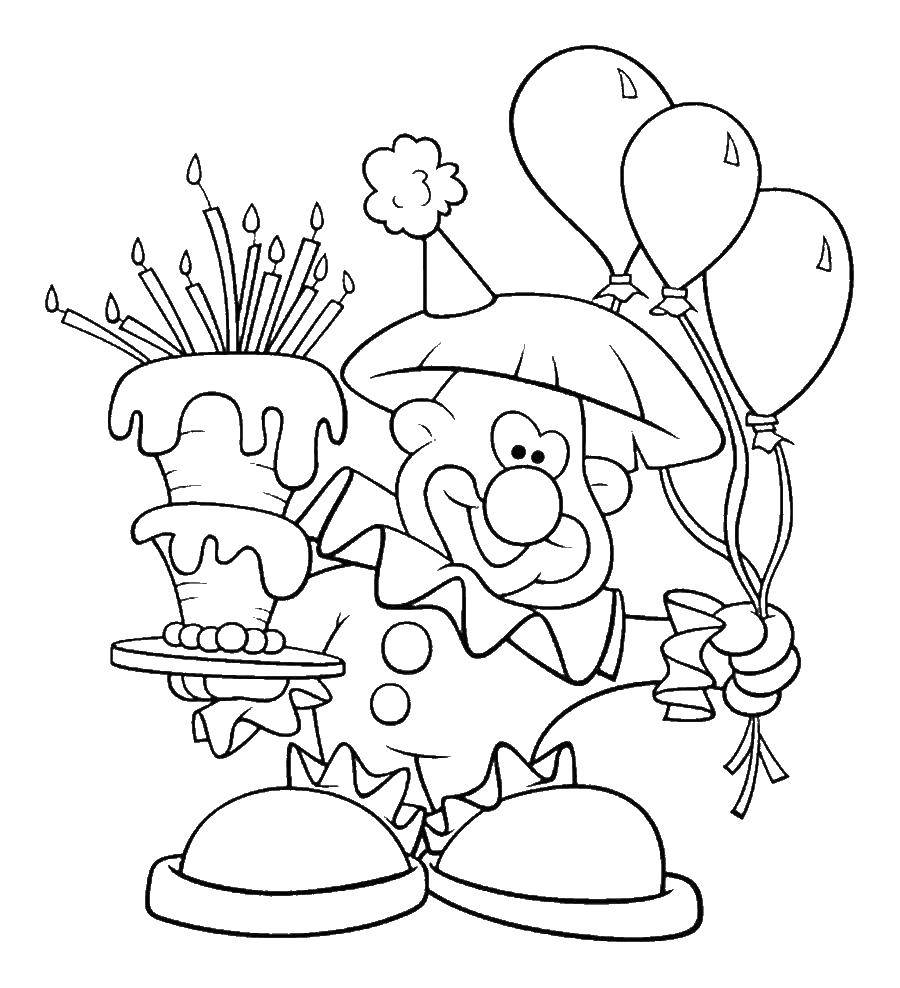 Название: Раскраска Клоун с шариками  и с тортом. Категория: Клоуны. Теги: клоун, шарики, торт.
