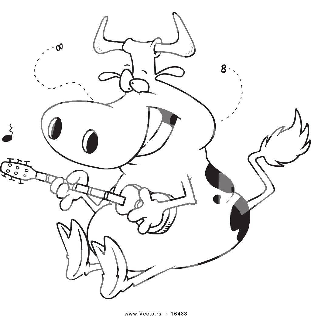 Название: Раскраска Корова с гитарой. Категория: музыкальные инструменты. Теги: животные, корова, гитара.