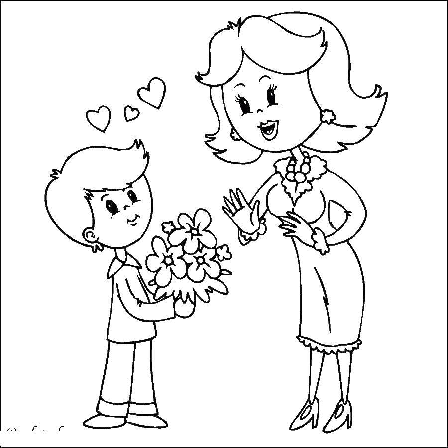 Название: Раскраска Мальчик дарит цветы. Категория: поздравление. Теги: Мальчик, цветы.