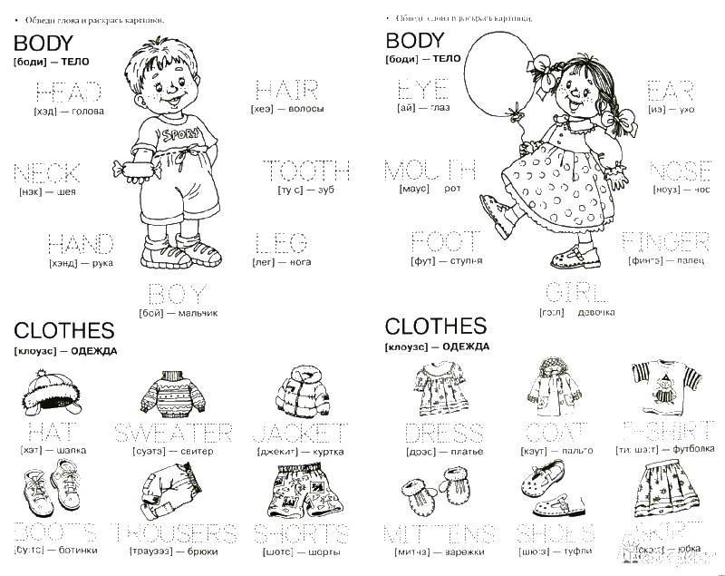 Название: Раскраска Parts of body and clothes. Категория: Английский. Теги: body, clothes, boy, girl.