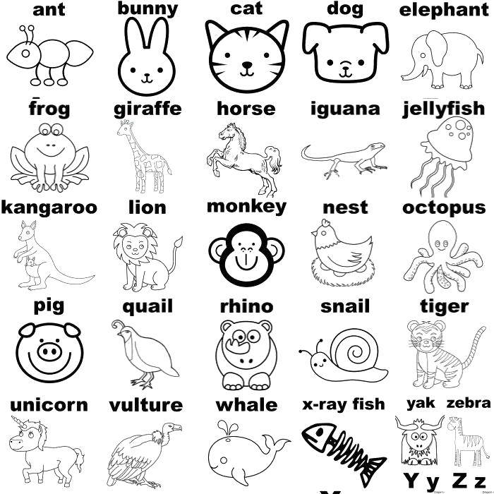 Раскраска Животные на английском Скачать ,Алфавит, буквы, слова,.  Распечатать 