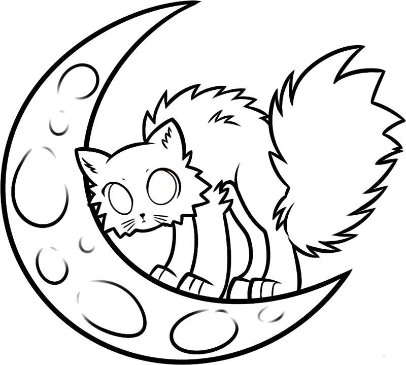 Coloring Black cat on a Crescent moon. Category Halloween. Tags:  Halloween, cat, month.