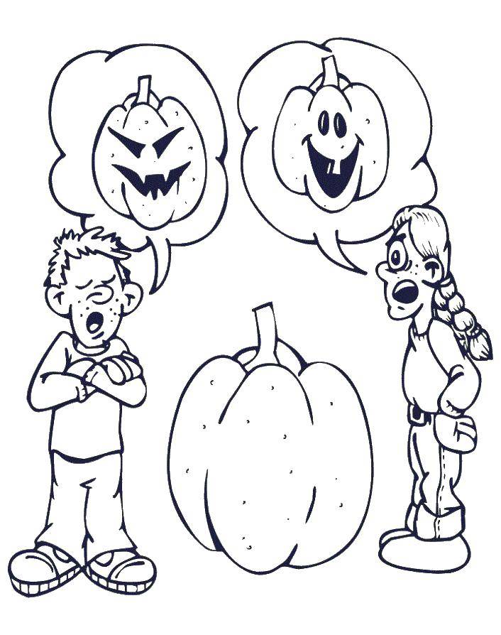 Coloring Children fighting over pumpkins. Category Halloween. Tags:  Halloween, children.