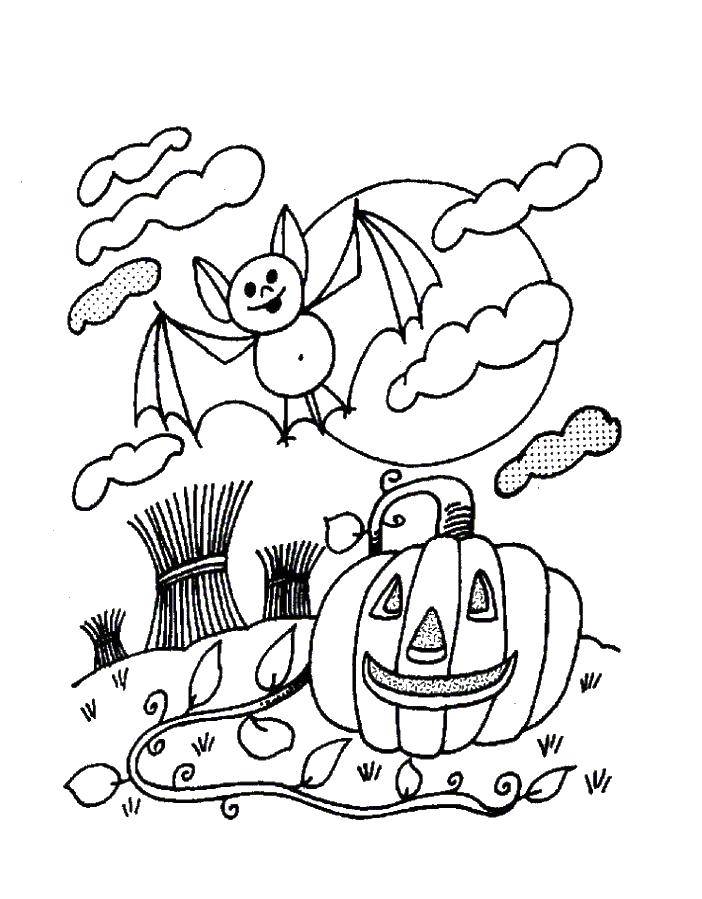 Название: Раскраска Летучая мышка над тыквой. Категория: Хэллоуин. Теги: Хэллоуин, тыква, летучая мышь.