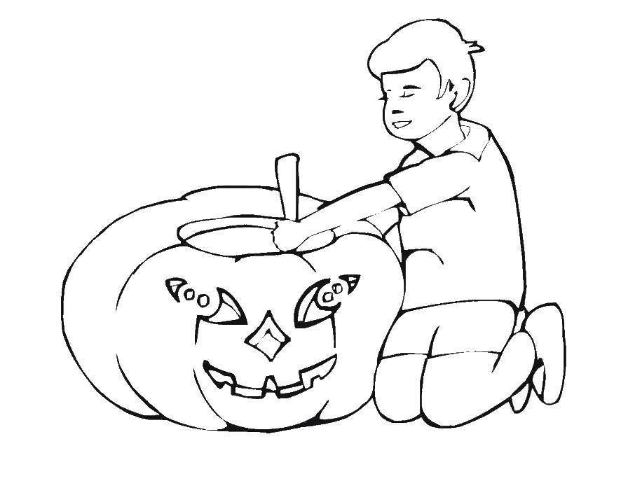 Название: Раскраска Мальчик вырезает хэллоуинскую тыкву. Категория: Хэллоуин. Теги: Хэллоуин, тыква.