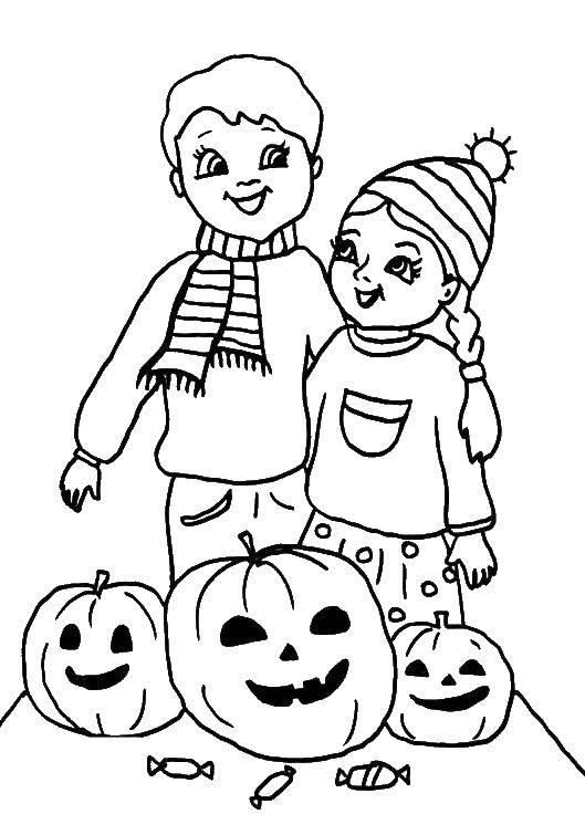 Название: Раскраска Сладости на хэллоуин. Категория: Хэллоуин. Теги: Хэллоуин, дети, тыква, сладости.
