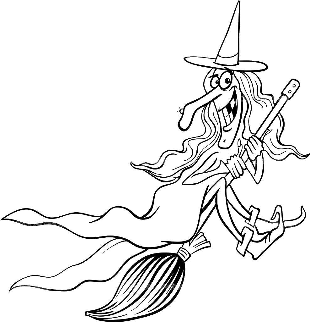 Название: Раскраска Ведьма на метле. Категория: Хэллоуин. Теги: Хэллоуин, ведьма.