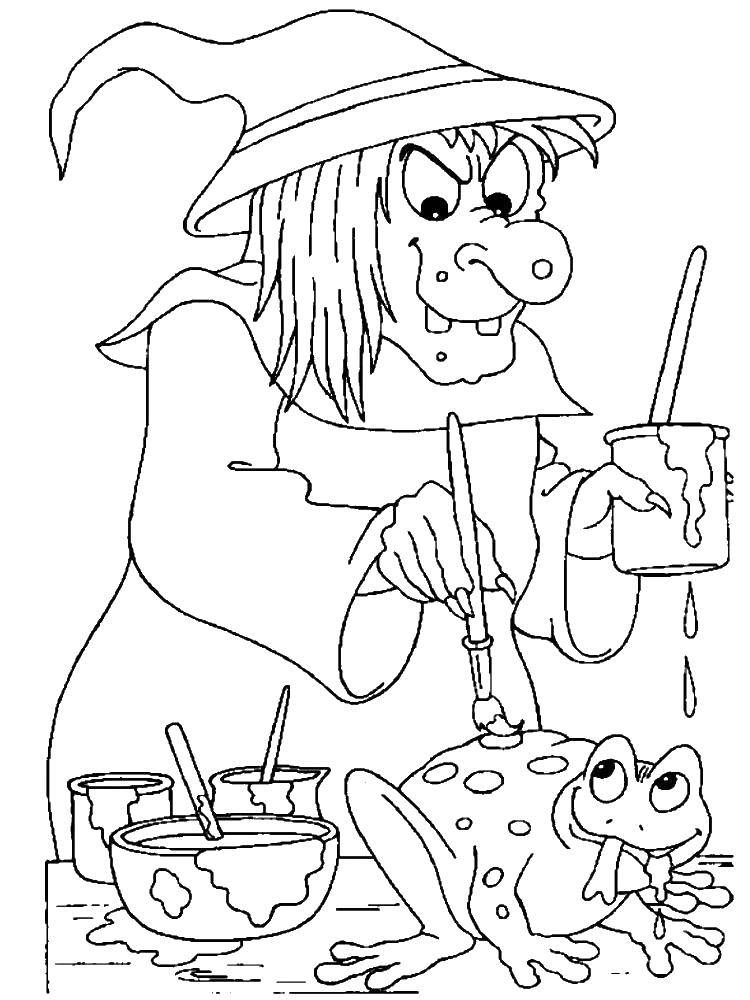 Coloring Witch with frog. Category Halloween. Tags:  Halloween, witch.