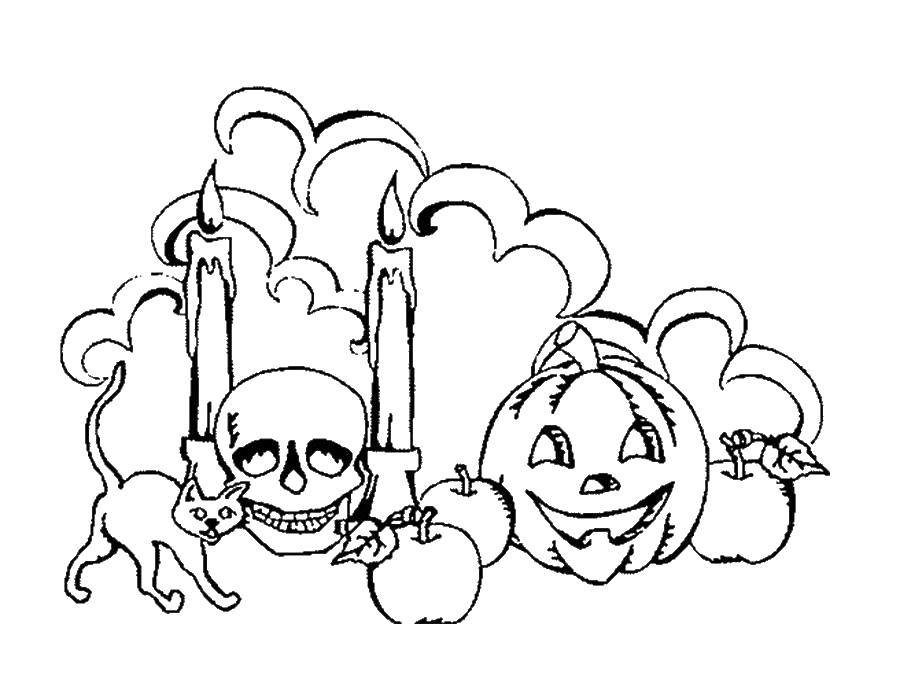 Название: Раскраска Черепа и тыквы. Категория: Хэллоуин. Теги: Хэллоуин, череп, тыквы.