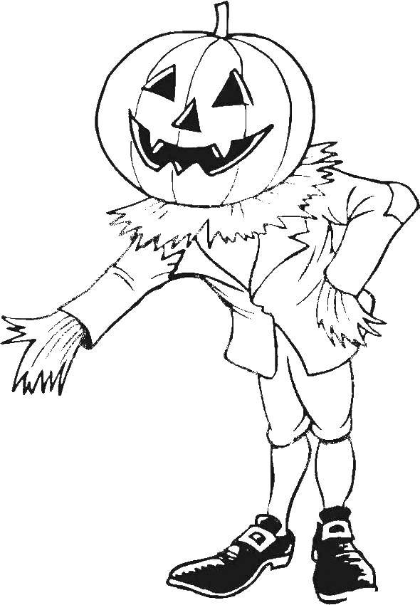 Название: Раскраска Пугало с головой тыквы. Категория: Хэллоуин. Теги: Хэллоуин.