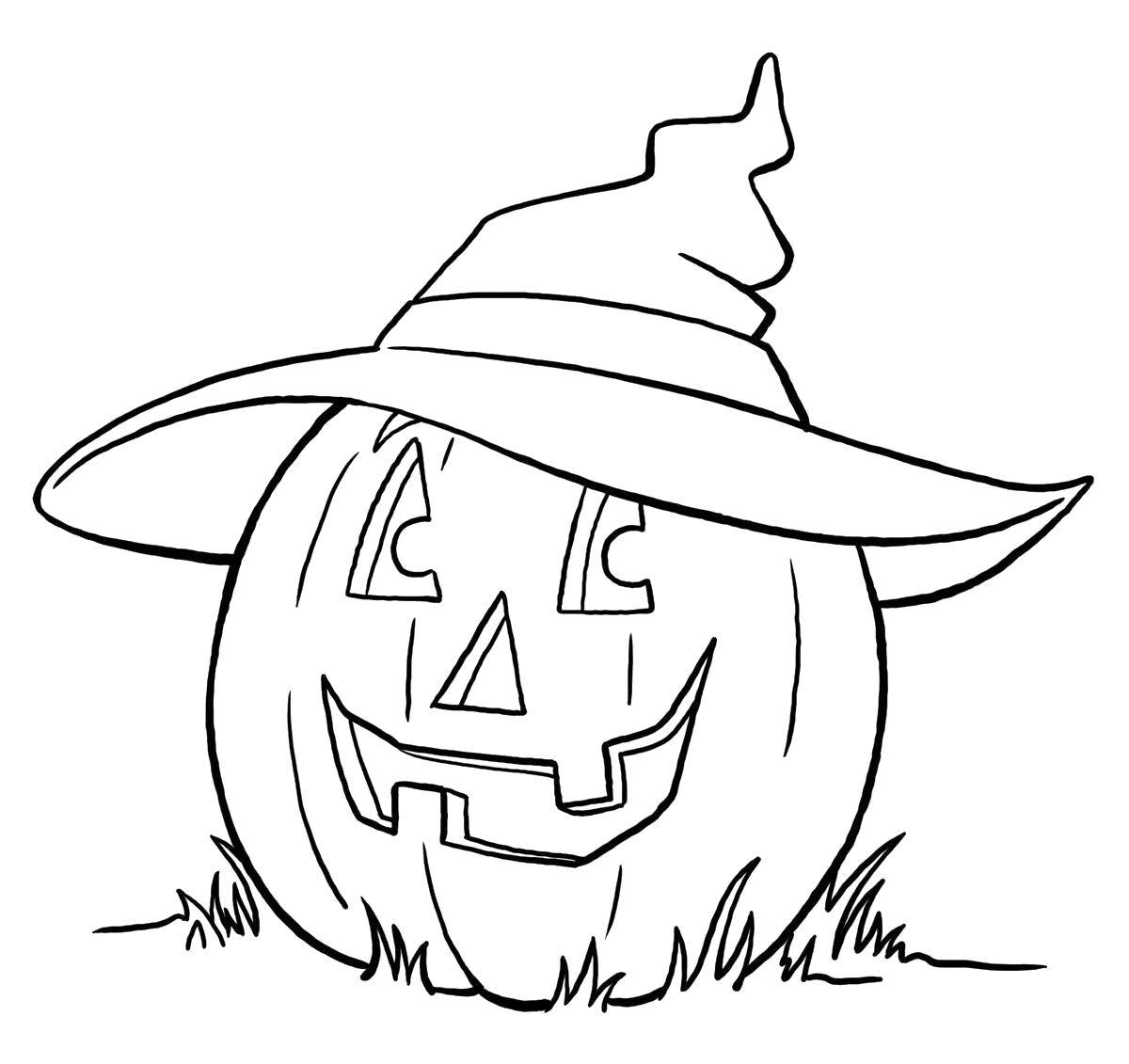 Coloring Pumpkin in witch hat. Category Halloween. Tags:  Halloween, pumpkin.
