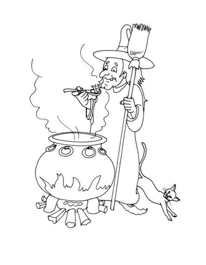 Coloring The witch brews a potion. Category Halloween. Tags:  Halloween, witch, night, cat.