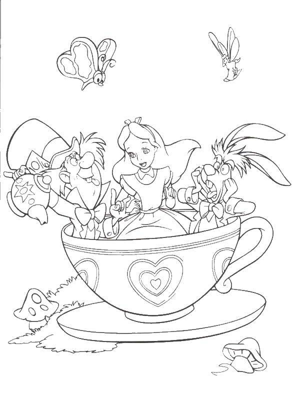 Название: Раскраска Алиса пьет чай с шляпником и кроликом. Категория: Диснеевские мультфильмы. Теги: Алиса, кот.