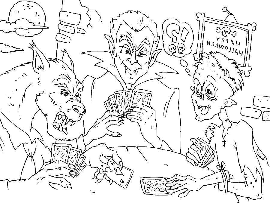 Coloring Frankenstein, Dracula, and wolf playing cards. Category Halloween. Tags:  Halloween.