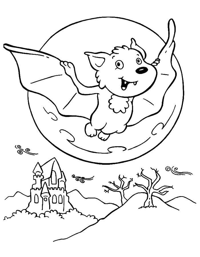 Название: Раскраска Летучая мышь летает при луне. Категория: Хэллоуин. Теги: Хэллоуин, летучая мышь.
