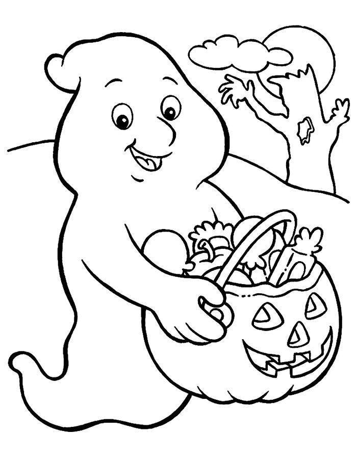 Coloring Ghost with pumpkin and sweets. Category Halloween. Tags:  Halloween, Ghost, pumpkin, candy.