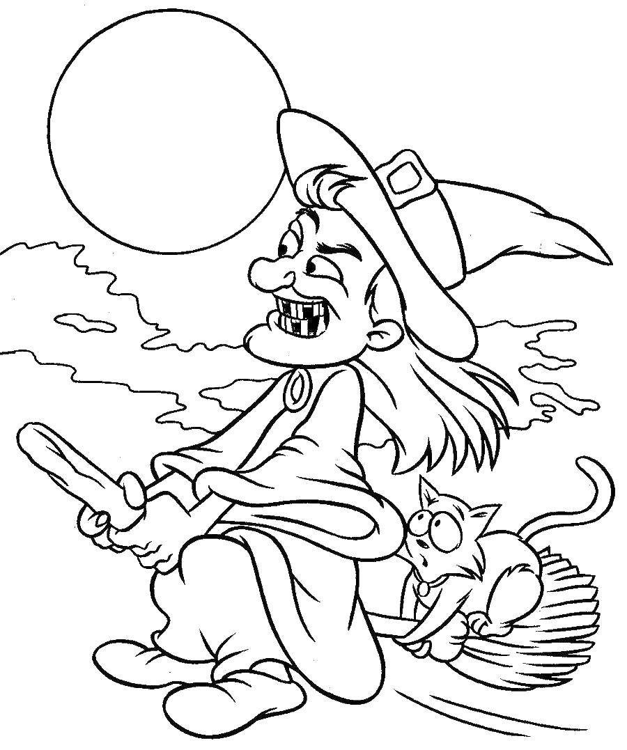 Coloring Witch flying on a broomstick with a cat. Category Halloween. Tags:  Halloween, witch, night, cat, broom.