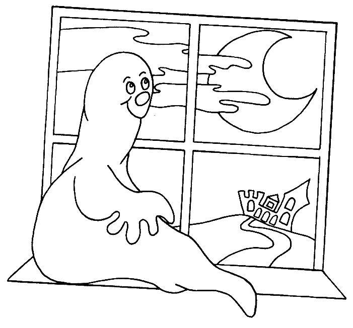 Coloring Ghost at the window. Category Halloween. Tags:  Halloween Ghost, .