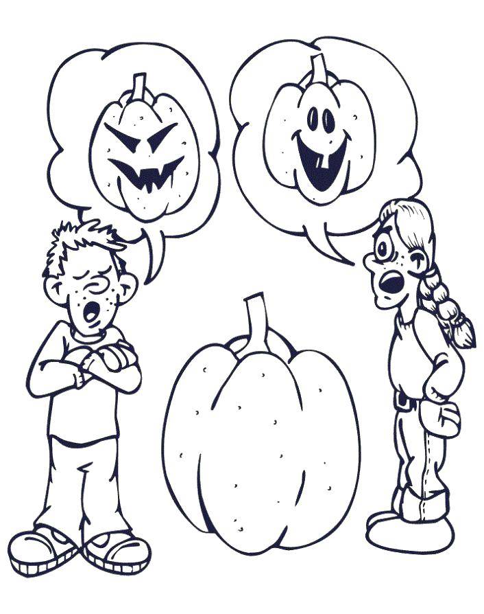 Название: Раскраска Дети спорят о том, как украсить тыкву к хэллоуину. Категория: Хэллоуин. Теги: Хэллоуин, тыква.