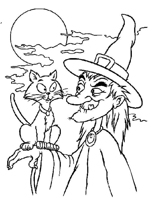 Coloring The witch holds cat. Category Halloween. Tags:  Halloween, witch.