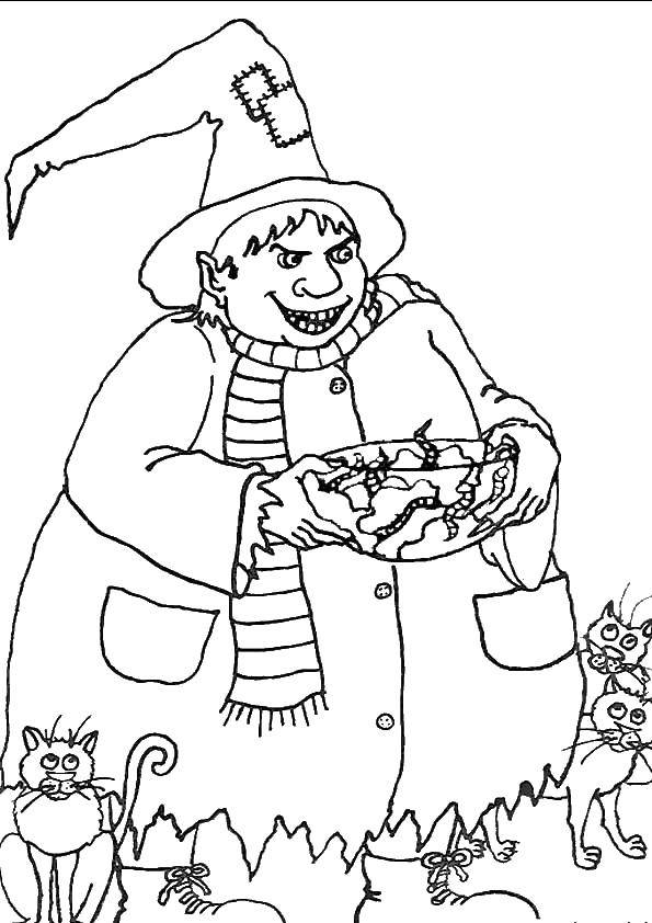 Coloring Witch worms. Category Halloween. Tags:  Halloween, witch.
