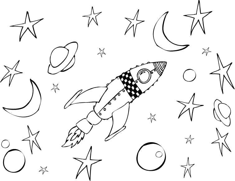 Розмальовки  Ракета летить у космосі між планет і зірок. Завантажити розмальовку - Космос, планета, Всесвіт, Галактика, ракета.  Роздрукувати ,ракети,